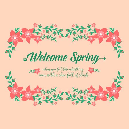 Greeting card welcome spring Design, with ornate simple of leaf and red flower. Vector illustrationのイラスト素材