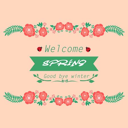 Modern welcome spring greeting card design, with elegant of leaf and red wreath frame. Vector illustrationのイラスト素材