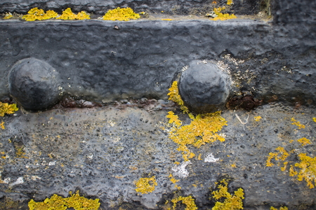 Extreme close up of rivets and orange lichens on the side of an old canon along the coast of Northern California, USA.の写真素材