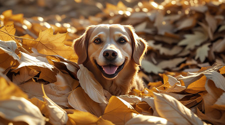 Golden retriever dog in autumn leaves. Portrait of a labrador retriever dog.の素材