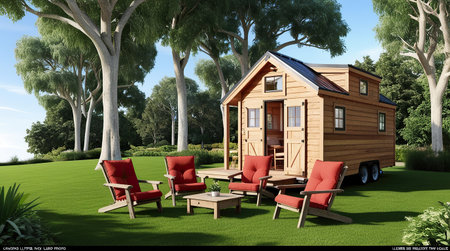 3D rendering of a wooden house in the garden with red chairsの素材