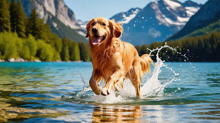 Golden Retriever jumping in the water of a mountain lake.の素材