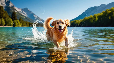 Golden Retriever dog splashing in a lake with mountains in the backgroundの素材