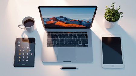 Laptop, smartphone and coffee cup on white table. 3d rendering.の素材