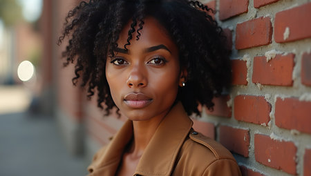 Portrait of a beautiful young african american woman with afro hairstyle, wearing a beige jacket, standing against a red brick wall.の素材