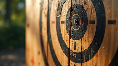 Archery target on wooden background, close-up, selective focusの素材