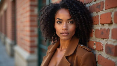 Portrait of a beautiful young african american woman with afro hairstyle in a brown coat.の素材