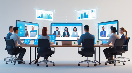 Business people working together in modern office with computer screens. Teamwork concept. 3D Renderingの素材