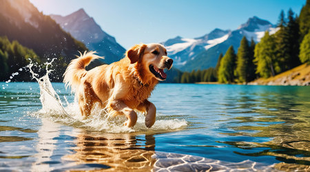 Golden retriever dog splashing in the lake with mountains in backgroundの素材