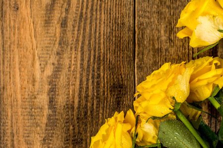Flowers yellow roses on wood background photographyの写真素材