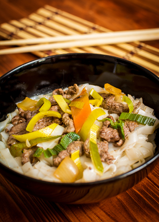 Vietnamese soup pho bo with asian noodles and beef meatの写真素材