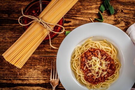 Italian spaghetti bolognese with tomato sauce and meatの写真素材