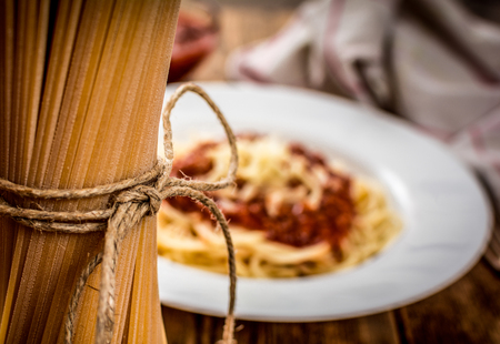 Italian spaghetti bolognese with tomato sauce and meatの写真素材