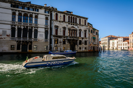 Venice, Italy - August 13, 2016: Venice, Italy.  Grand canal with police shipのeditorial素材