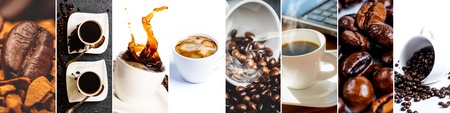Collage of cup of coffee and coffee beansの写真素材