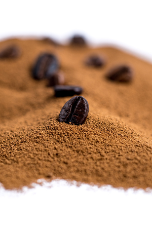 instant coffee with coffee beans isolated on white background with copy spaceの写真素材