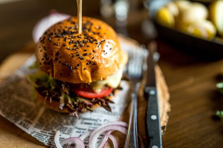 Traditional beef hamburger with vegetables on wood ringの写真素材