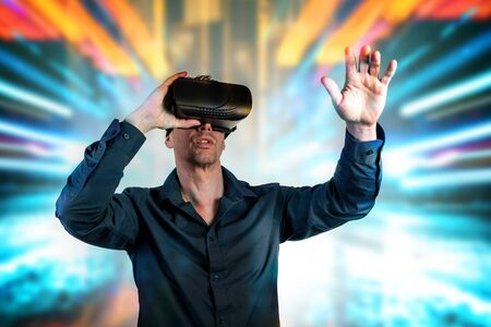 Male business  using black virtual reality headset glasses