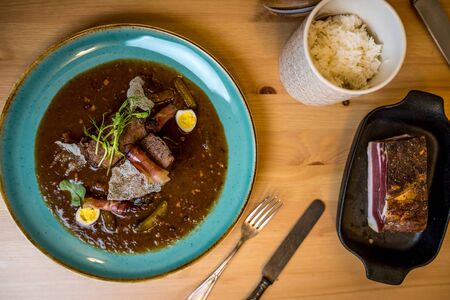 beef Brisket with bacon and quail eggs