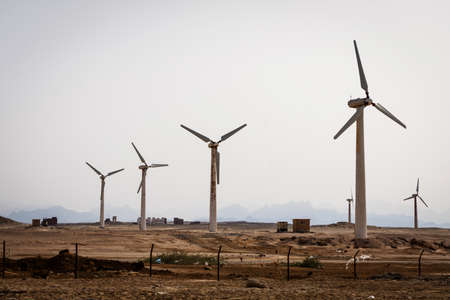 wind power plant in egyptian desert on sunny day