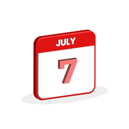 7th July calendar 3D icon. 3D July 7 calendar Date, Month icon vector illustratorのイラスト素材