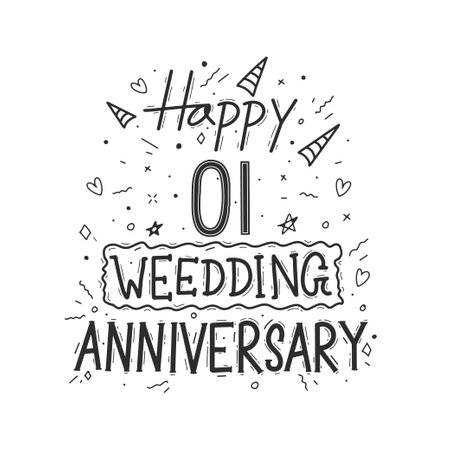 1 years anniversary celebration hand drawing typography design. Happy 1st wedding anniversary hand letteringのイラスト素材