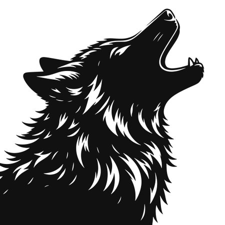Howling wolf silhouette in bold black vector iconic wildlife scene for forest artwork, camping themes, nature branding, and night-time wilderness projects.のイラスト素材