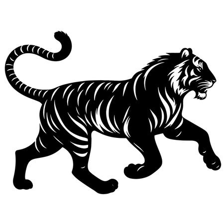 Dynamic running tiger silhouette in profile view â bold black vector animal design suitable for wildlife prints, nature illustrations, apparel designs, and jungle-themed crafts.のイラスト素材