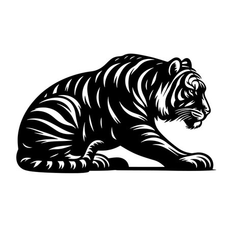 Crouching tiger silhouette in sleek black vector style â ideal for nature cut files, predator designs, digital art, and exotic wildlife products.のイラスト素材