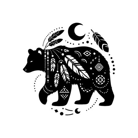 Floral Vine American Black Bear Silhouette with Swirling Botanical Details in Clean Black Vector Style Isolated on White Backgroundのイラスト素材