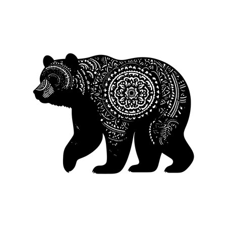 Floral Vine American Black Bear Silhouette with Swirling Botanical Details in Clean Black Vector Style Isolated on White Backgroundのイラスト素材