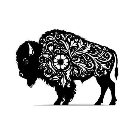 Tribal Tattoo Style American Bison SVG with Flame Feather Details and Curved Lines Black Silhouette for Cricut Decals and Printsのイラスト素材