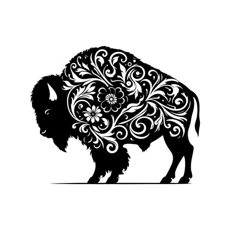 Tribal Tattoo Style American Bison SVG with Flame Feather Details and Curved Lines Black Silhouette for Cricut Decals and Printsのイラスト素材