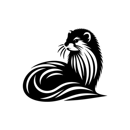 Tribal American Mink Silhouette with Decorative Swirls Curved Lines and Patterned Cutouts in Clean Black Vector Isolated on Whiteのイラスト素材
