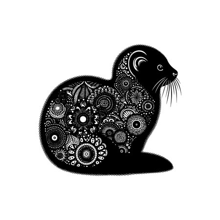 Tribal Tattoo Style American Mink Silhouette with Flame-Like Feather Details and Curved Lines in Bold Black Vector Designのイラスト素材
