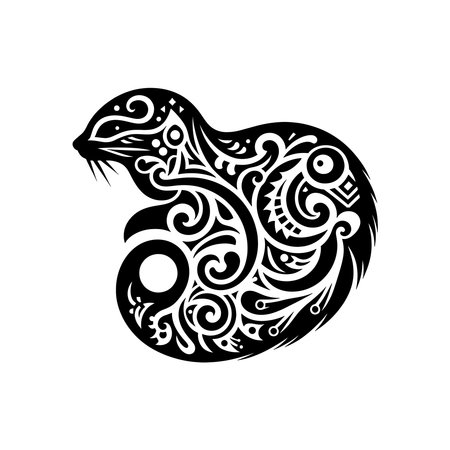 Tribal Tattoo Style American Mink Silhouette with Flame-Like Feather Details and Curved Lines in Bold Black Vector Designのイラスト素材