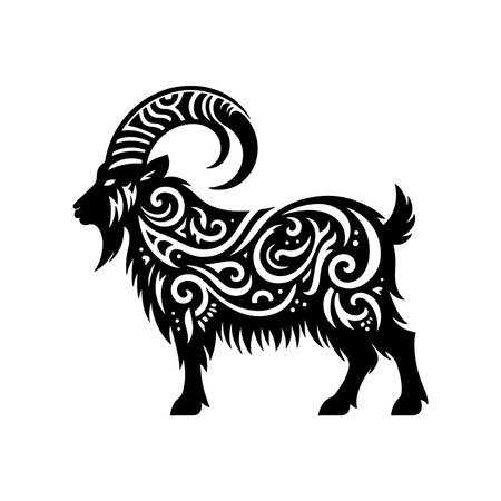 Tribal Angora Goat Silhouette SVG with Decorative Swirls and Cutout Pattern for Farm Animal Clipart Cricut and Laser Projectsのイラスト素材