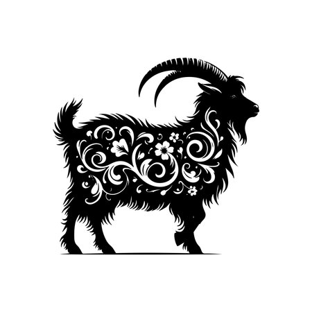 Tribal Angora Goat Silhouette SVG with Decorative Swirls and Cutout Pattern for Farm Animal Clipart Cricut and Laser Projectsのイラスト素材