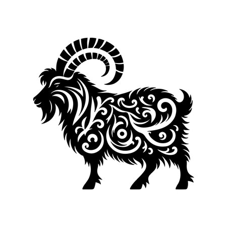Tribal Angora Goat Silhouette SVG with Decorative Swirls and Cutout Pattern for Farm Animal Clipart Cricut and Laser Projectsのイラスト素材