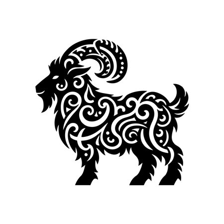 Tribal Angora Goat Silhouette SVG with Decorative Swirls and Cutout Pattern for Farm Animal Clipart Cricut and Laser Projectsのイラスト素材