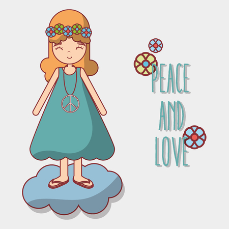 woman in cloud peace and love with flowers, vector illustrationのイラスト素材