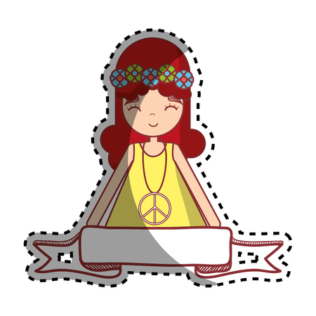 hippie woman peace and love with flowers branches, vector illustration designのイラスト素材