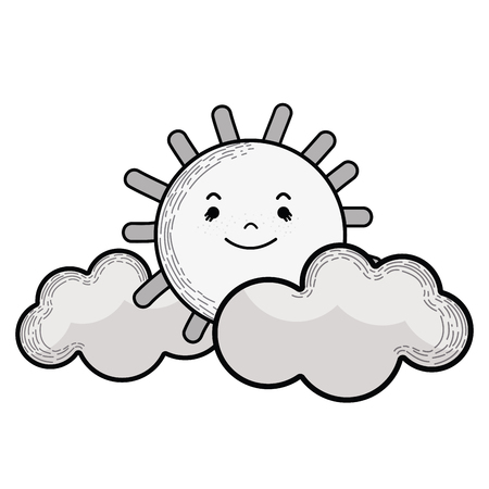 Illustration of gray scale kawaii sun with clouds iconのイラスト素材