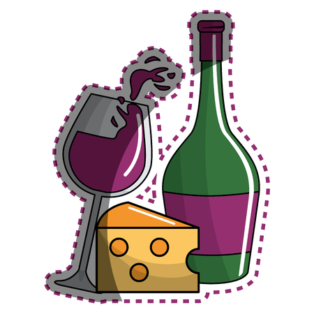 Sticker glass splashing wine and bottle and cheese iconのイラスト素材