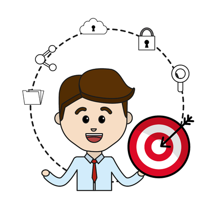Man with arrow target and technology icons data.のイラスト素材