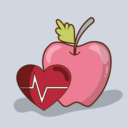 Flat line delicious apple fruit with healthy heartのイラスト素材