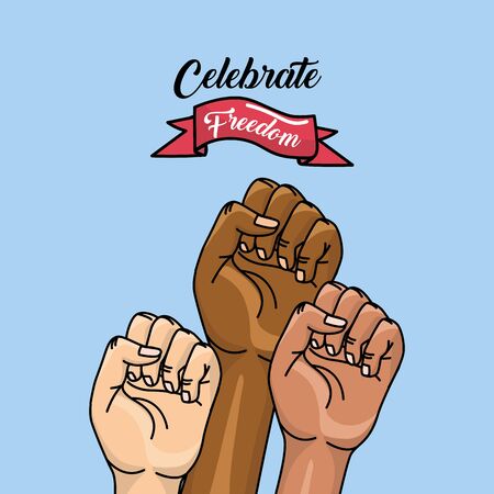 hands fist up with ribbon to celebrate freedom, vector illustrationのイラスト素材