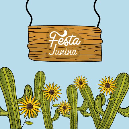 festa junina with cactuses and sunflowers, vector illustrationのイラスト素材
