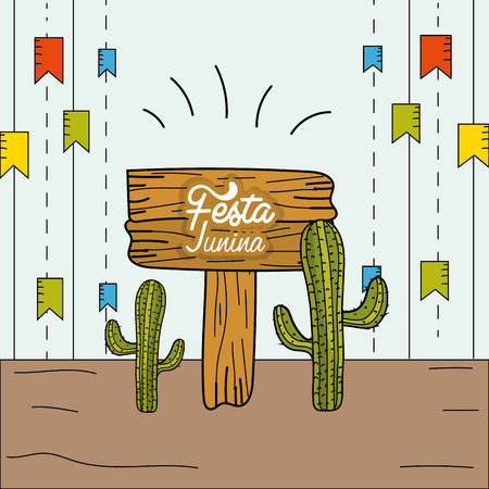 festa junina with party flags and cactuses, vector illustrationのイラスト素材