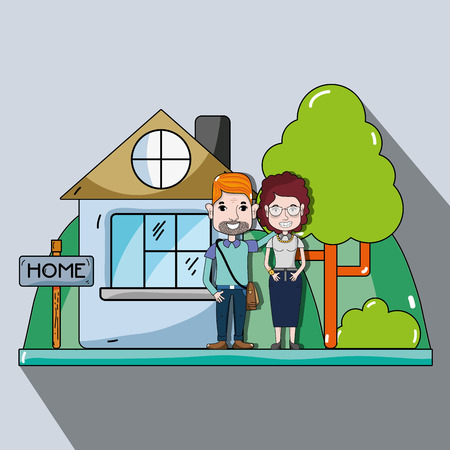 cute couple in the house with casual clothes, vector illustrationのイラスト素材